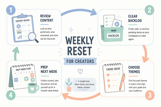 A diagram illustrates a weekly reset process for creators involving content review, backlog management, theme ideation, and next week preparation.