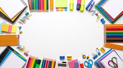 Obraz premium Various colorful school supplies and stationery items arranged in a neat circular frame on a clean white background surface area
