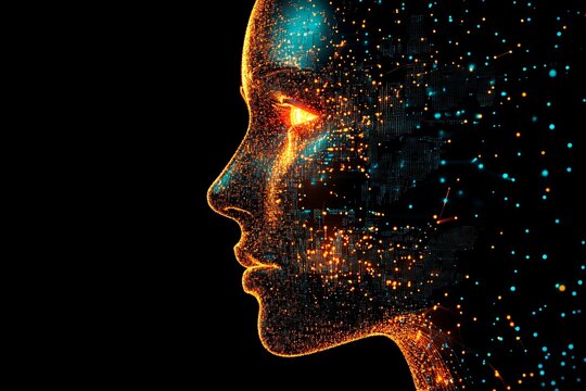 Glowing pixelized face with vibrant colors and digital effects depicting an abstract human figure in a creative concept