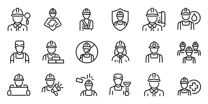Set of outline icons related to worker. Linear icon collection. Editable stroke. Vector illustration.
