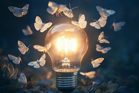 Mesmerizing dance of moths around a glowing light bulb in twilight