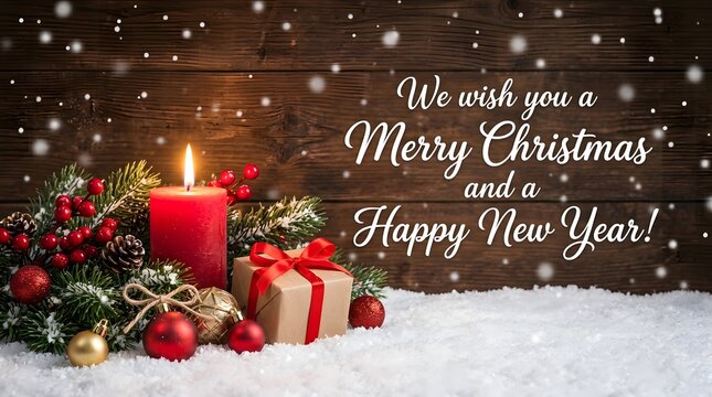Bright red candle glowing beside a wrapped gift box and festive pine branches on a snowy wooden Christmas background scene