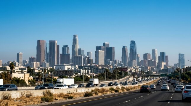 Global Heatwave and Climate Change Impact, Downtown Los Angeles skyline with a busy freeway and traffic under a clear blue sky.