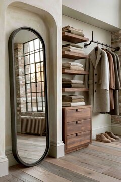 Modern heritage walk-in wardrobe featuring a full-length mirror, wooden shelves with folded clothing, and hanging coats in a stylish interior setting