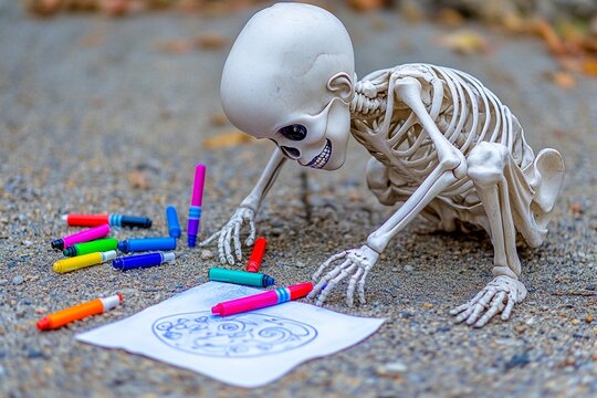Child skeleton creates colorful doodles with vibrant markers on autumn day