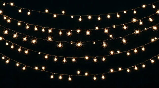 Multiple strands of glowing yellow fairy lights hanging against a solid black background creating a festive and warm atmosphere