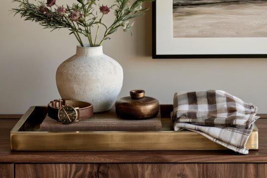 Closeup of a brushed antique brass tray holding a decorative vase, wooden bowl, stack of books, and folded cloth on a wooden surface in a modern interior setting