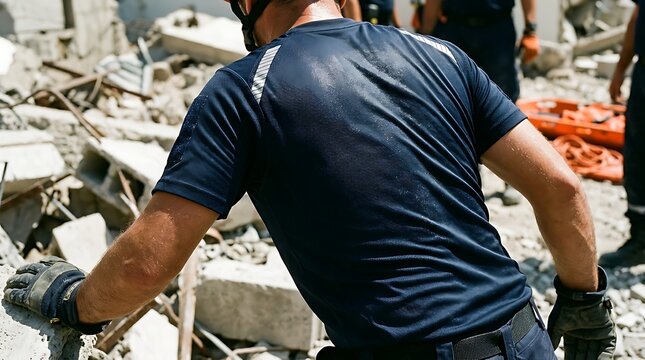 Rescuer searching through rubble after natural disaster.