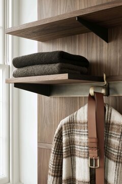 Closeup of blackened steel shelf bracket meeting wooden shelf with neatly folded blankets and a coat hanging on a hook in a modern interior setting