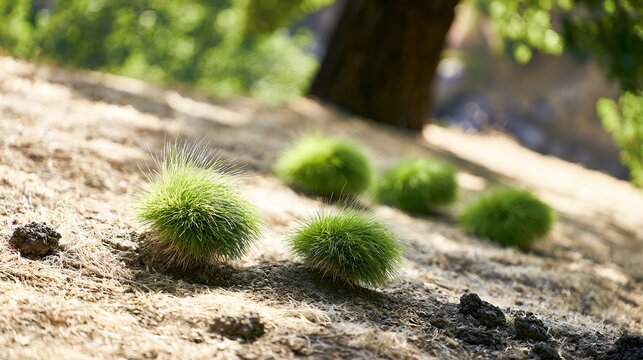 Drought-resistant fescue grass clusters on arid hillside, sunlight and deep depth highlighting ecological value, ideal for environmental and geographic themes