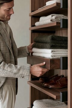 Young man in slim cotton trousers organizes folded sweaters in a wooden shelving unit, showcasing neatly stacked clothing and leather shoes in a modern interior setting