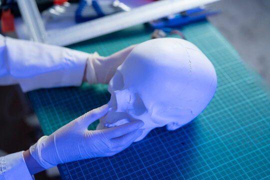 A person in gloves studies a white skull model while working on a green cutting mat in a bright room