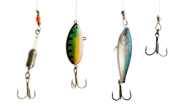 Fishing lures on white background with hooks and lines isolated on a transparent background
