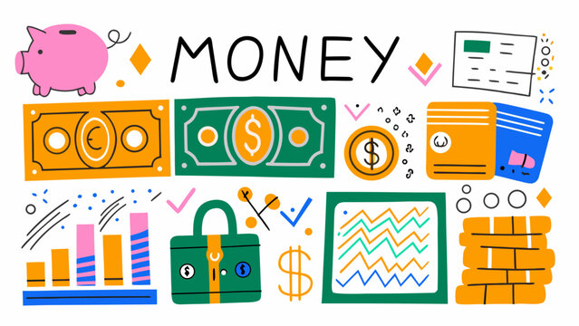 Financial elements illustration featuring coins banknotes a piggy bank and charts on a white background