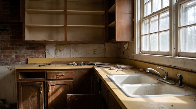 A dimly lit kitchen interior showing a fixer upper house with aged wooden cabinets, a stained sink, and peeling wallpaper during a residential renovation.