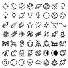 Collection of sixty four space and astronomy hand drawn line art icons © Madical