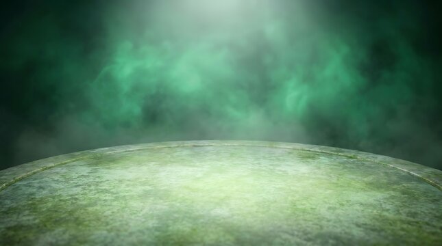 Mysterious alien planet surface with glowing green atmosphere and ethereal mist in deep space