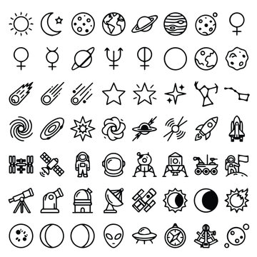 Collection of sixty four space and astronomy hand drawn line art icons
