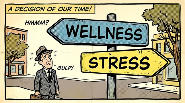 Man at a Crossroads - Wellness vs. Stress Decision in a Comic Strip.