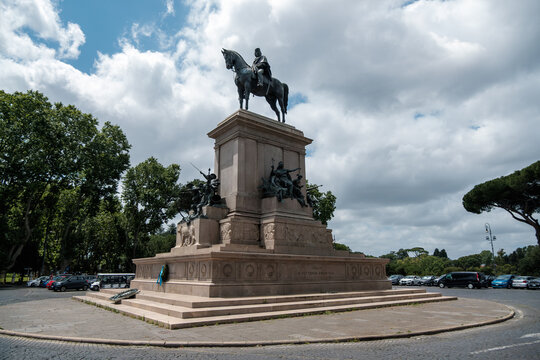 Rome, Italy - June 03/2026; The equestrian Monument to Giuseppe Garibaldi on Janiculum Hill in Rome Italy against a cloudy blue sky