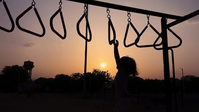 Silhouette Of Child Crossing Monkey Bars At Sunset In Outdoor Adventure Playground