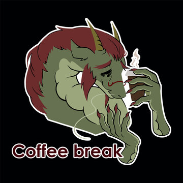Coffee Break Dragon Sticker | Funny Tired Designer Cartoon Meme
