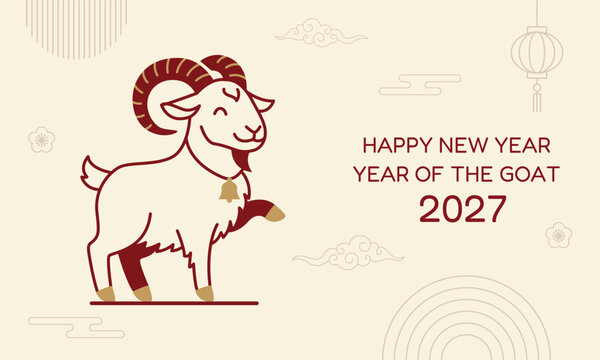 Chinese New Year 2027 banner with cute goat or ram character. Traditional Asian clouds and lantern elements on beige background.