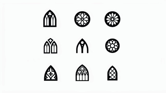 Vector icon set features various architectural window designs and patterns
