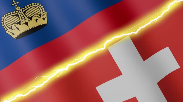 Two waving flags Liechtenstein and Switzerland with diagonal lightning seamless, 4k loop