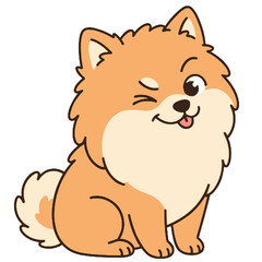 Fototapeta premium Cute Pomeranian dog cartoon winking, happy fluffy puppy character funny pet illustration adorable small dog smiling, mascot design for stickers and social media