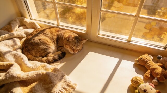 A ginger tabby cat sleeping on a warm window sill next to a cozy knitted blanket, with small stuffed teddy bear toys in the sunny foreground for Domestic Animal Day.
