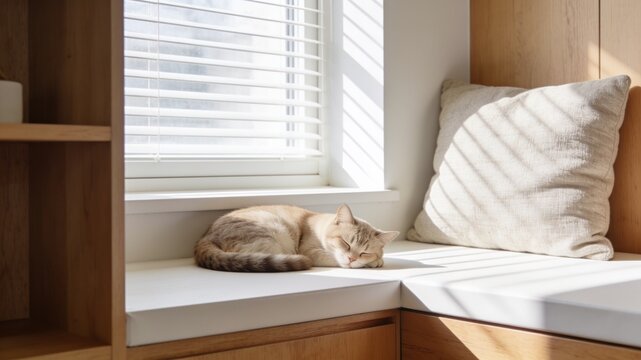 A light brown cat sleeps peacefully on a modern built-in window bench under horizontal blinds, bathed in warm diagonal shadows, celebrating Domestic Animal Day.