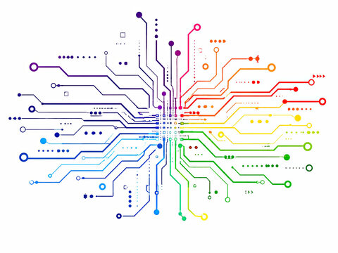 Colorful digital circuit board lines radiating from a central point isolated on white background