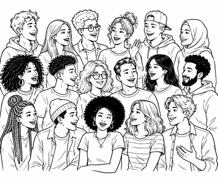 Group of diverse people portraits sketched in a hand drawn doodle style isolated on white background