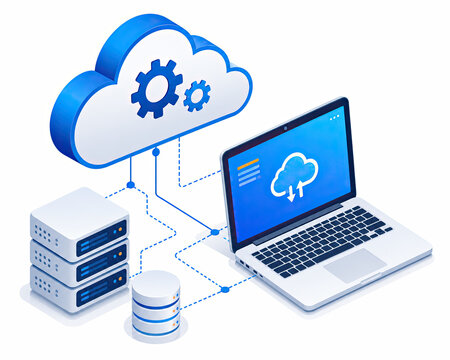 Isometric cloud computing network with laptop server and gear icon isolated on white background