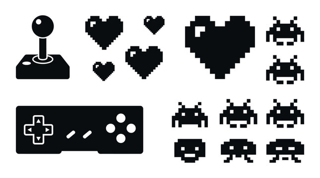 Joystick and game controller icons illustrate a classic retro video game theme with pixelated heart shapes and alien characters.
