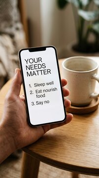 Phone screen displaying self-care tips - Sleep well, Eat nourish food, Say no.