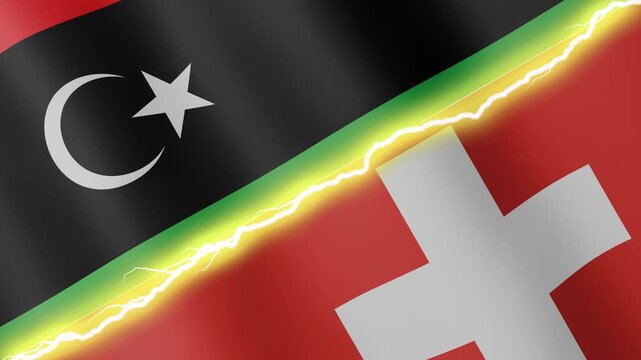 Two waving flags Libya and Switzerland with diagonal lightning seamless, 4k loop