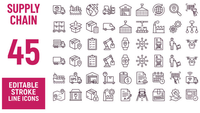 Supply chain icon set. Editable line icons. Vector illustration.