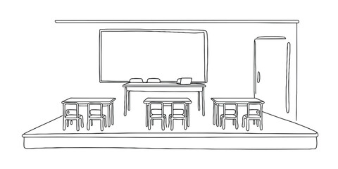 Simple line drawing of a classroom interior with desks and a blackboard Vector, illustration © Nebaron