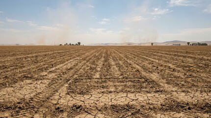 Obraz premium Global Heatwave and Climate Change Impact, Vast dry cracked earth field under a clear sky with distant dust devils.