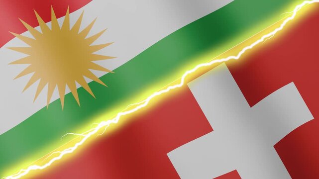 Two waving flags Kurdistan and Switzerland with diagonal lightning seamless, 4k loop