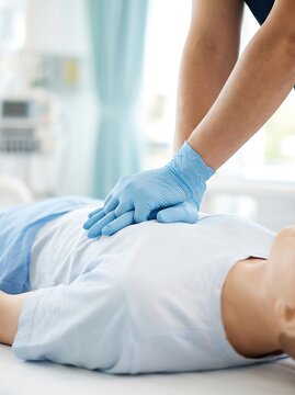 Medical professional performing CPR on a patient in a hospital setting.
