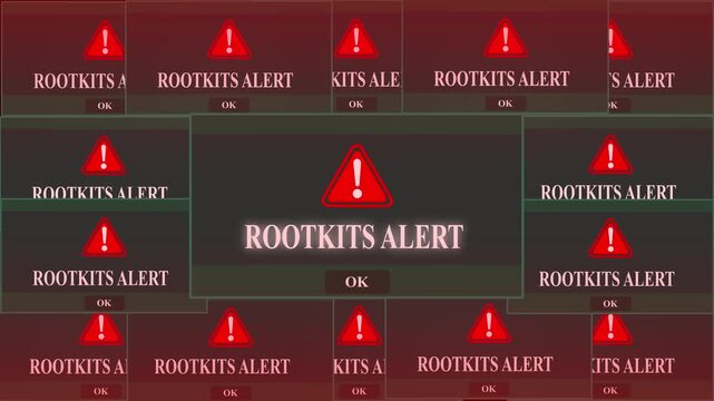 Rootkits Alert Warning Error Window Pop-up Notification Box On Black Screen. Rootkits, alert message, computer concept and new technologies.