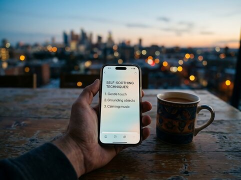 Hand holding smartphone with to-do list next to coffee mug on a rooftop at sunset.