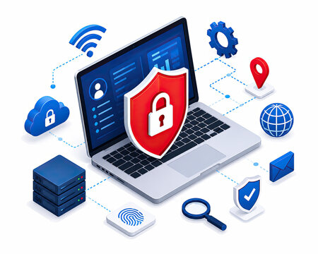 Laptop computer with digital security shield and padlock icon