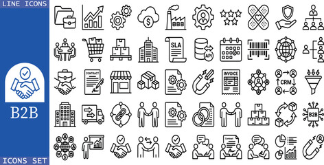 Naklejka premium B2B icon set. Business to business, supplier, commerce, vendor, enterprise, partnership, manufacturer, purchase order, supply chain, transaction, quotation and more. Solid vector icons collection.