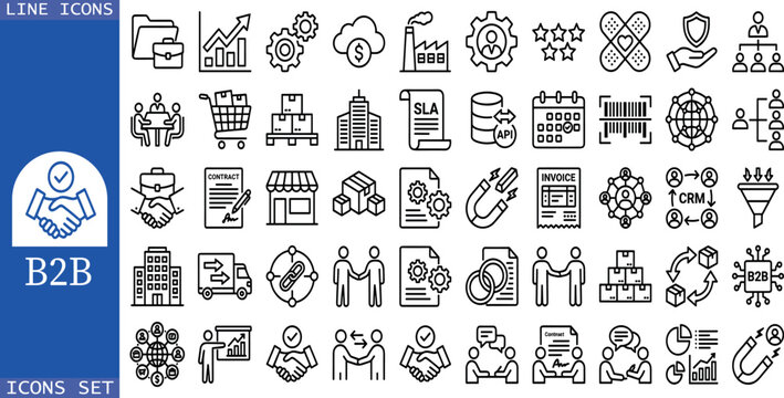 B2B icon set. Business to business, supplier, commerce, vendor, enterprise, partnership, manufacturer, purchase order, supply chain, transaction, quotation and more. Solid vector icons collection.