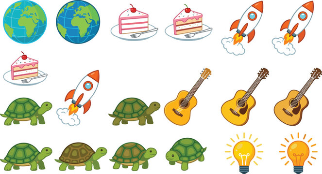 Cartoon Vector Clipart Set Featuring Earth Globes, Cake Slices, Launching Rockets, Tortoise Turtles, Acoustic Guitars, and Glowing Light Bulbs for Educational Graphic Designs