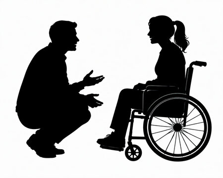 Silhouette of a man talking to a woman sitting in a wheelchair icon